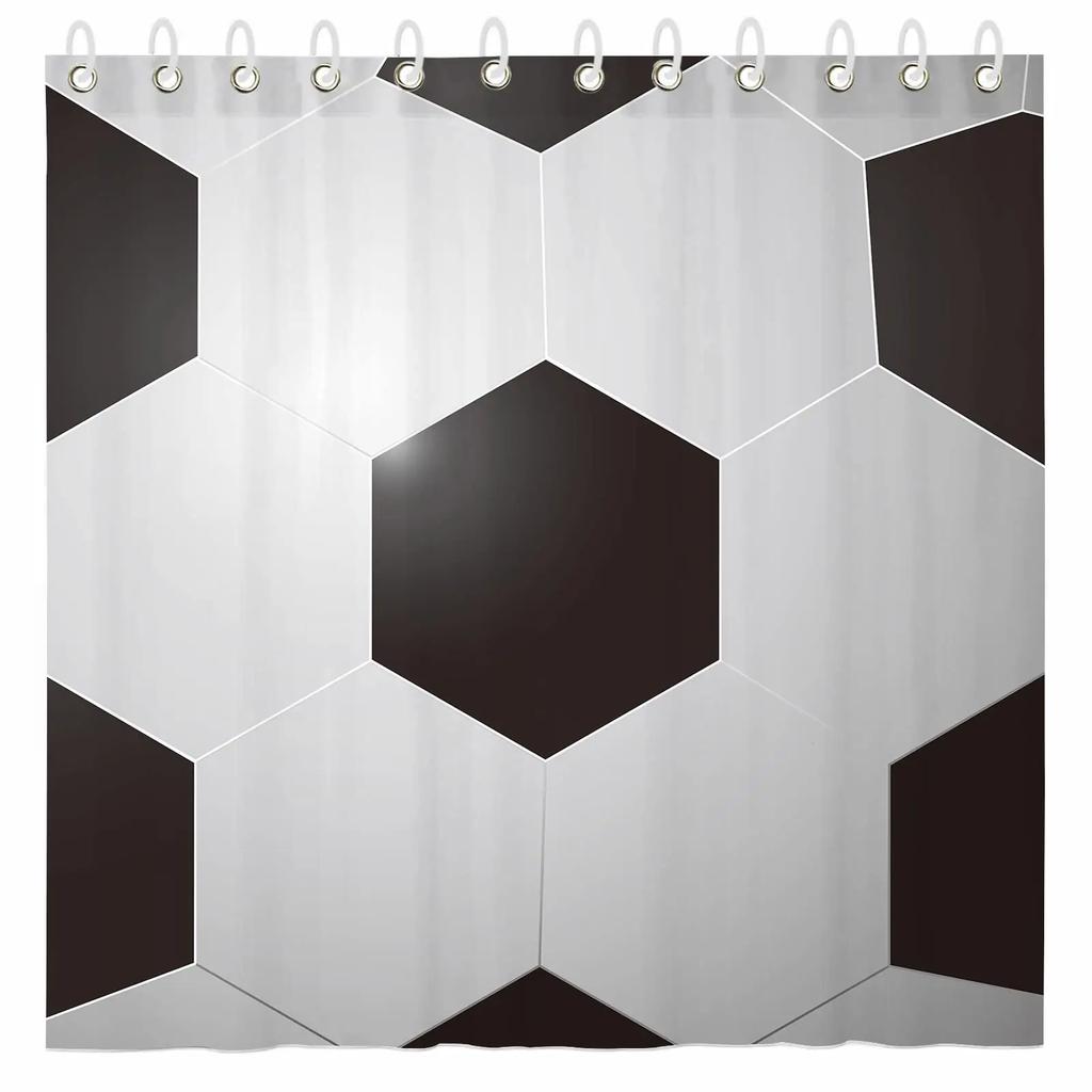 Abstract Football Pattern Shower Curtain Sport Theme Soccer Black and White Colors Waterproof Polyester Bath Curtain with Hooks