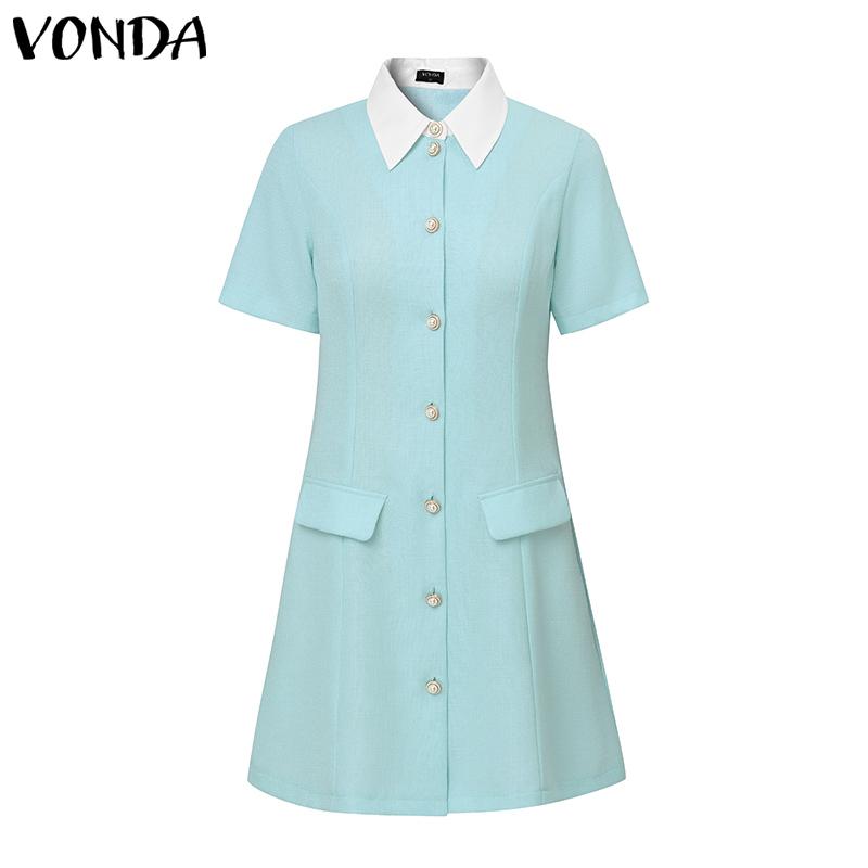 VONDA Rochie Elegantă de Birou pentru Femei, Mânecă Scurtă, Cusături, Culoare Solidă, Talie Cambrată, Elegantă