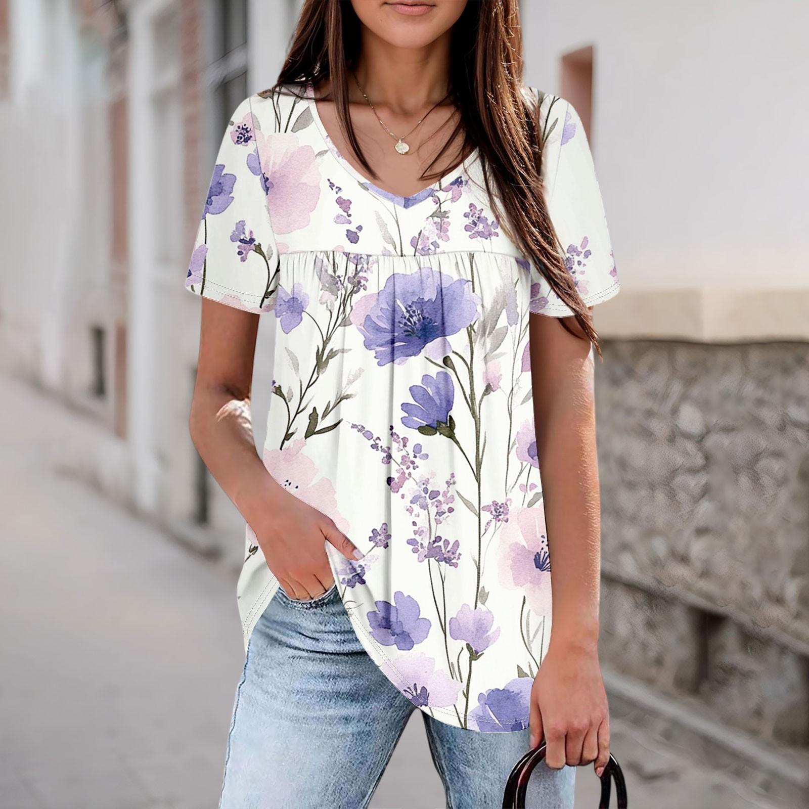 Women s Casual V-neck Short-sleeved Chest Pleated Short-sleeved Top L