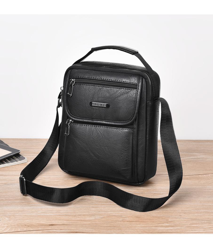 Mens Vintage Fashion Sling Bag Large Capacity Solid Pu Leather Message Bag One Shoulder Bag with Handle