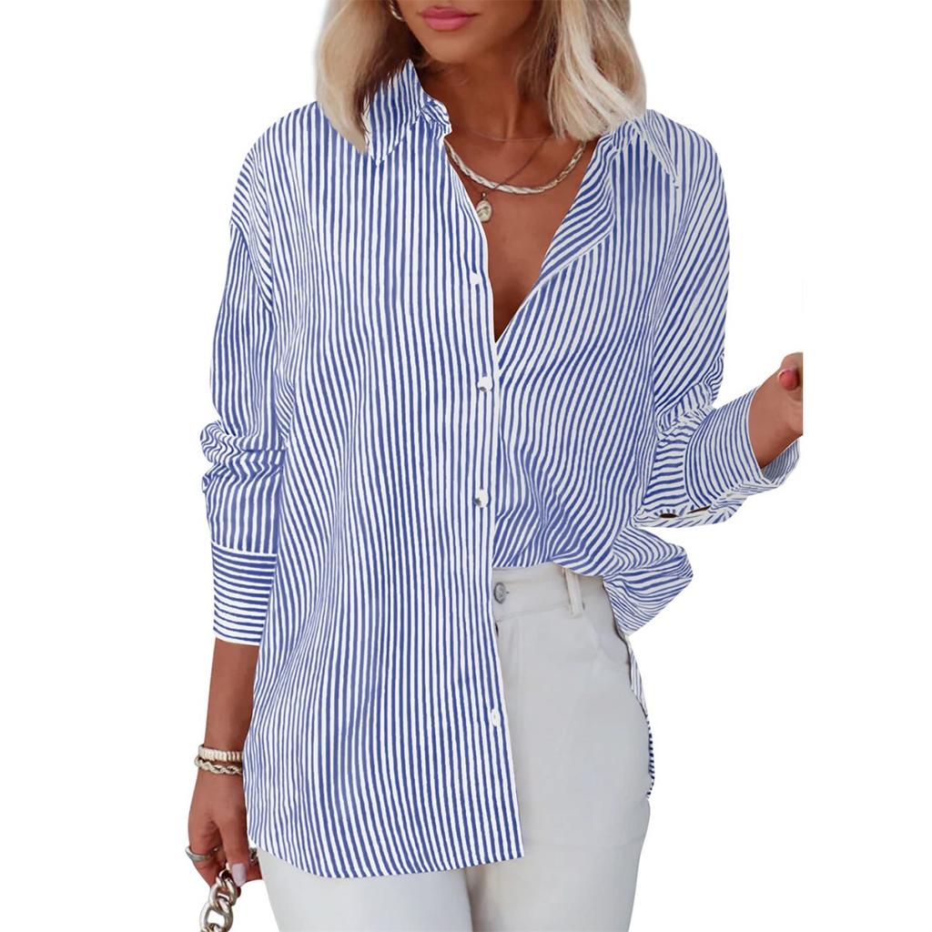 Women's Striped Button Down Shirt Long Sleeve Casual Loose Fit Office Blouse For Women