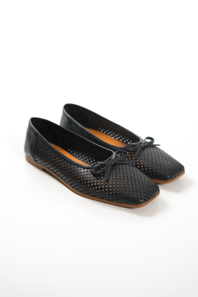 Women's Flat Shoes Black Genuine Leather Ballerina Flats with Bow Detail Casual Shoes