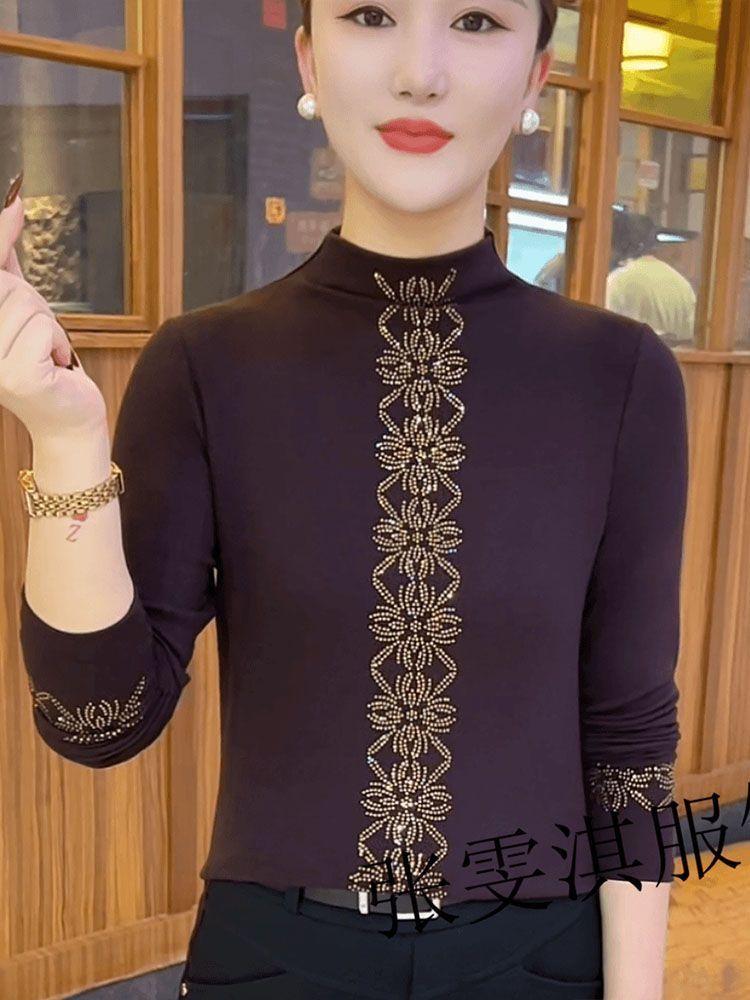Autumn and Winter New Fashion Semi-turtleneck Solid Color Hot Diamond Bottoming Shirt Large Size Belly Cover Foreign Gas Shirt