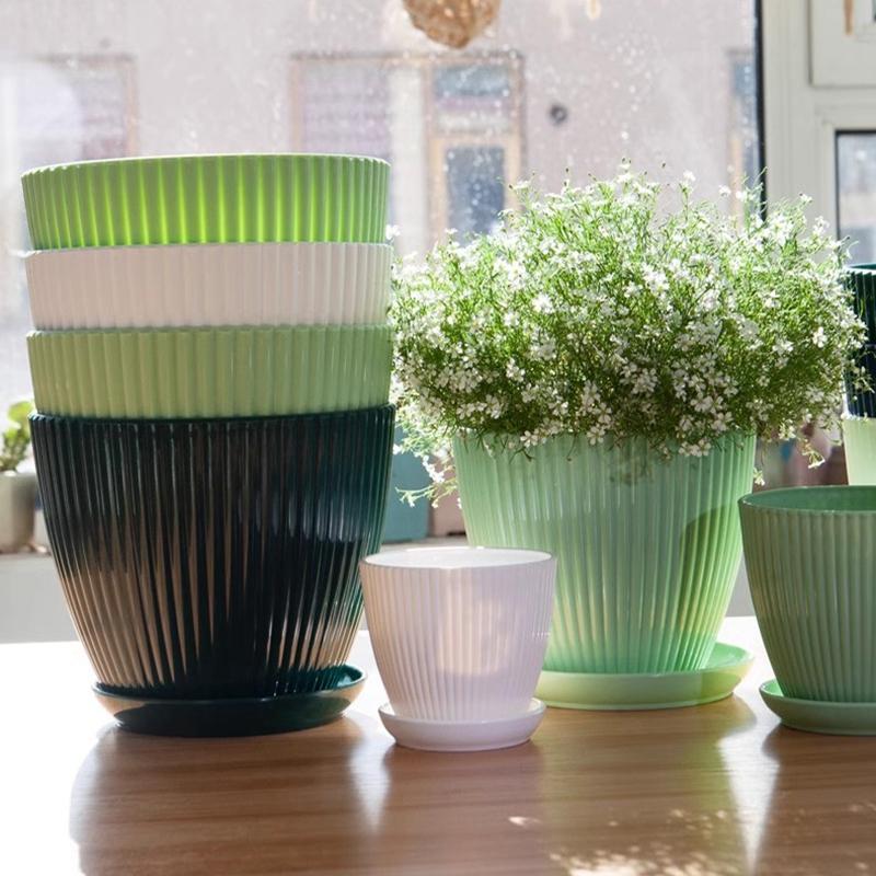 Plastic Indoor Planter Flower Pots Round Planters Succulents Plant Pot with Tray Office Desktop Decoration Home Outdoor Potted