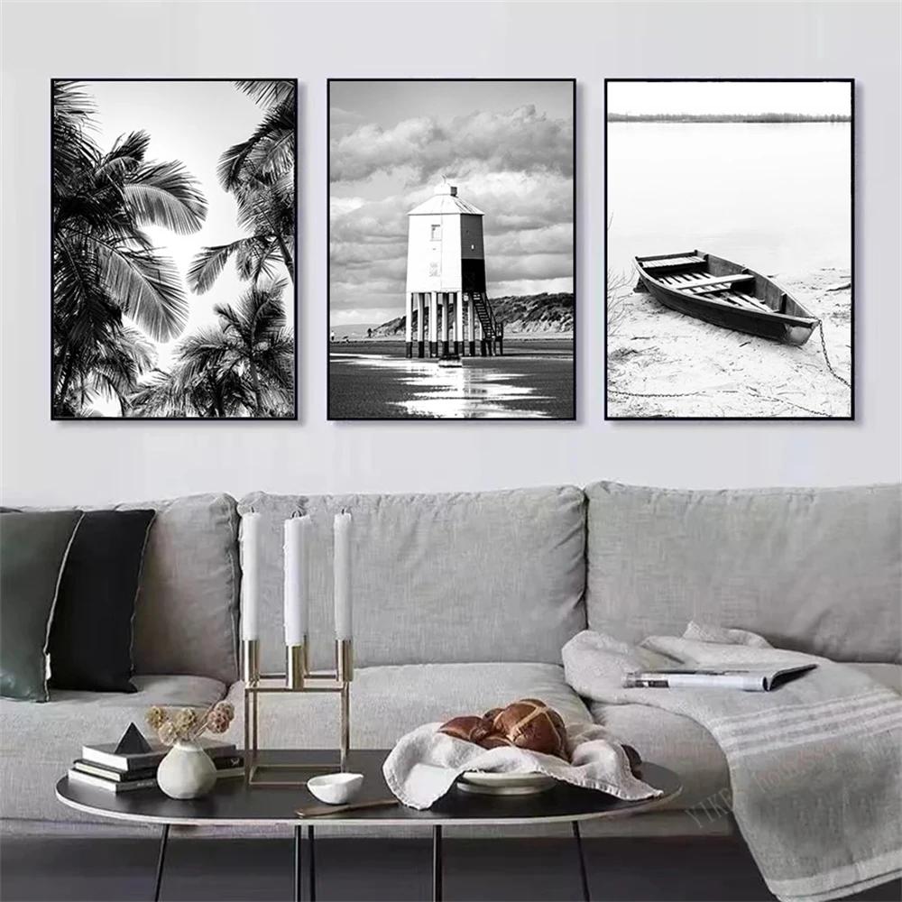 Black And White Posters Bridge Boat Palm Tree Canvas Print Pictures Conch Wall Art Sea Wave Poster Nordic Picture Bedroom Decor
