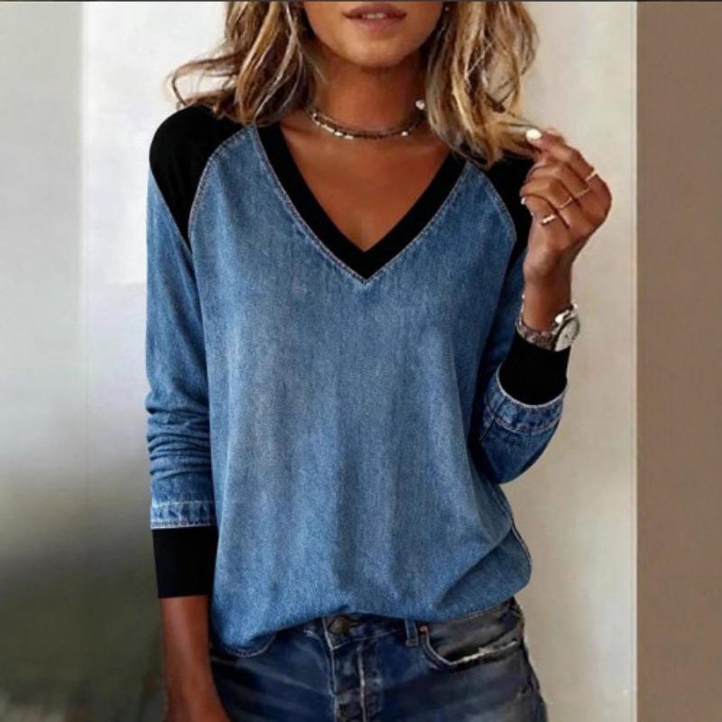Women Casual Loose V Neck Color Block Patchwork Long Sleeve Top S
