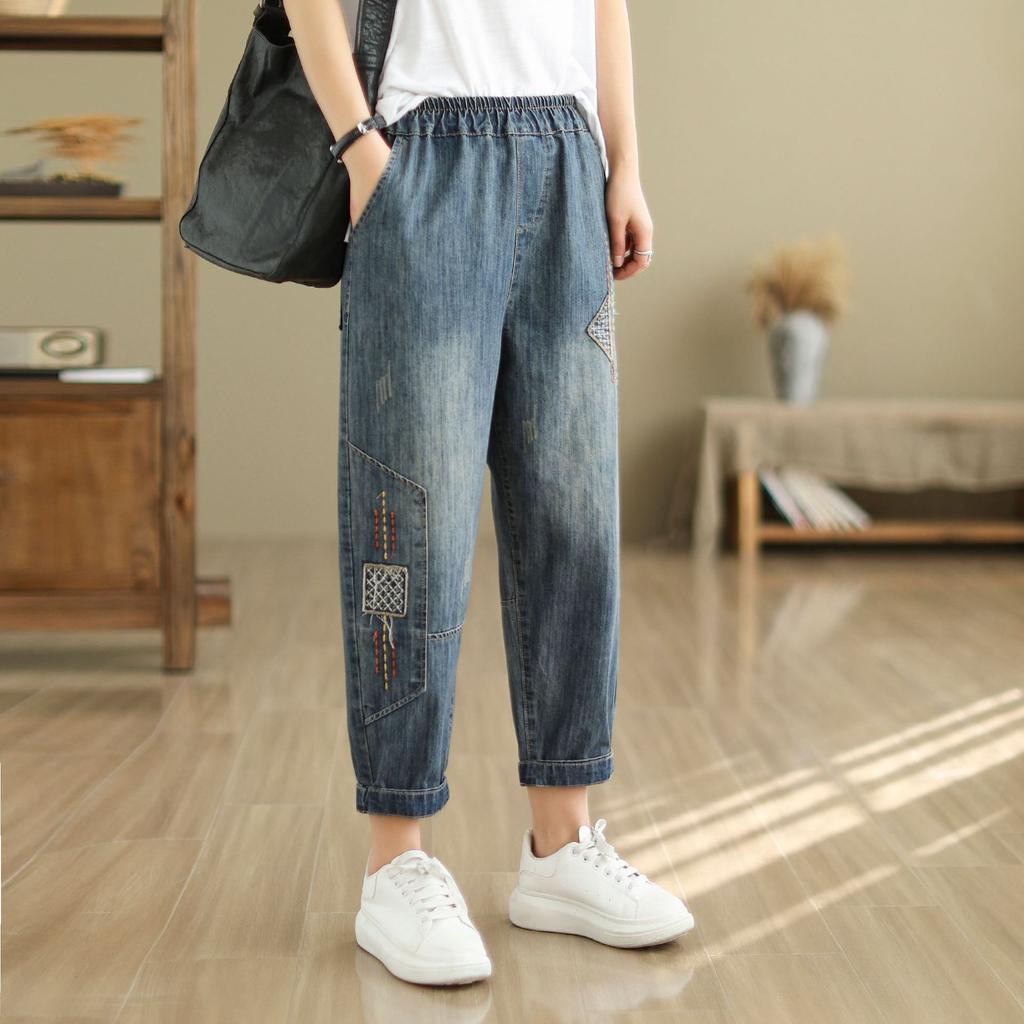 Jarní a letní dámské ležérní harémové kalhoty vyšívané dámské zkrácené kalhoty volné plus size džíny dámské