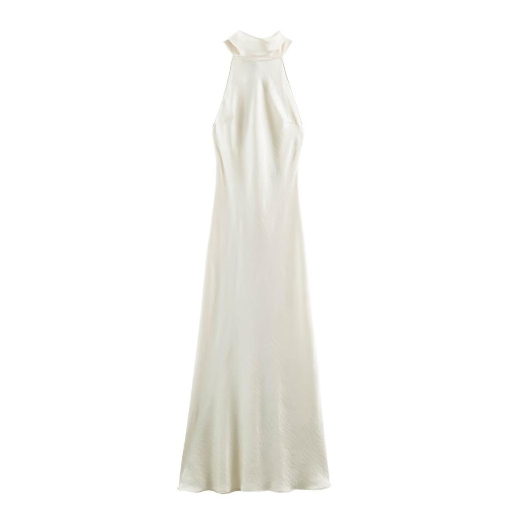Autumn European and American women's clothing silk satin texture neck collar dress