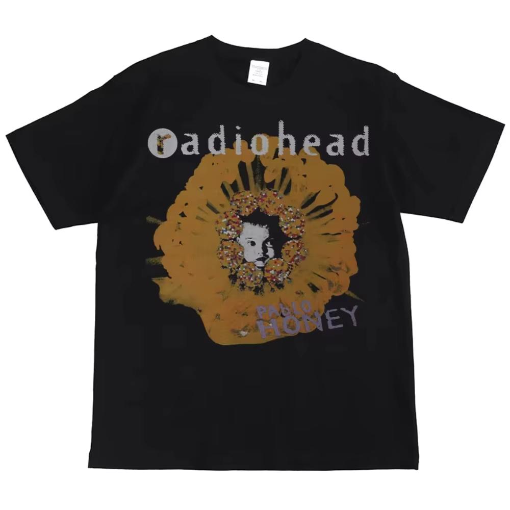 Summer Radiohead Rock Band Print American Street Hip Hop Vintage Black Men Women Short Sleeve Cotton Printed T-Shirt Unisex