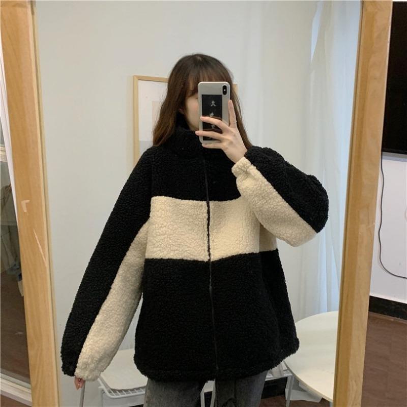 Bunda z imitace jehněčí vlny Dámská Podzimní Zimní Móda Univerzální Bunda Volný Krátký Styl Stojáček Ležérní Oversized Top