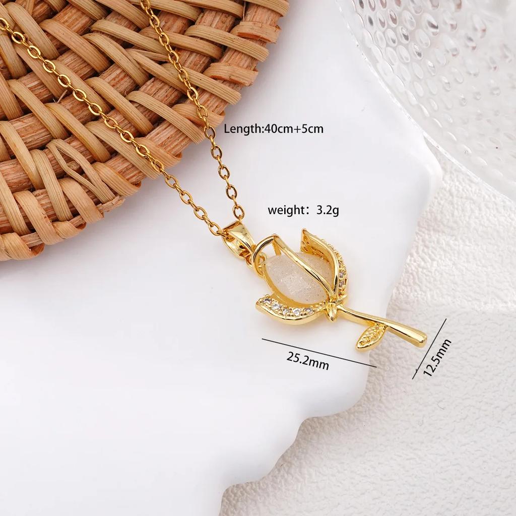 Elegant Colorful Crystal Zircon Tulip Flower Pendant Necklaces for Women Girls Gold Color Stainless Steel Chain Flower Jewelry