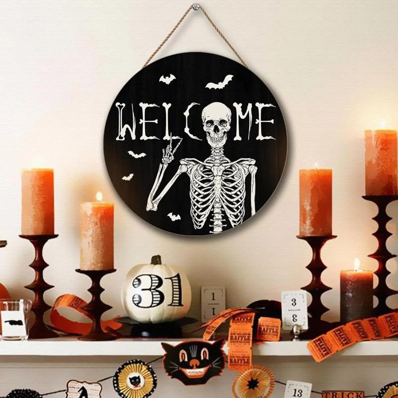 Wooden Skull Welcome Door Sign Front Door Hanger Decor Rustic Hanging Wreath Wall Sign Home Outdoor Wall Decor for Church Front Door Wall
