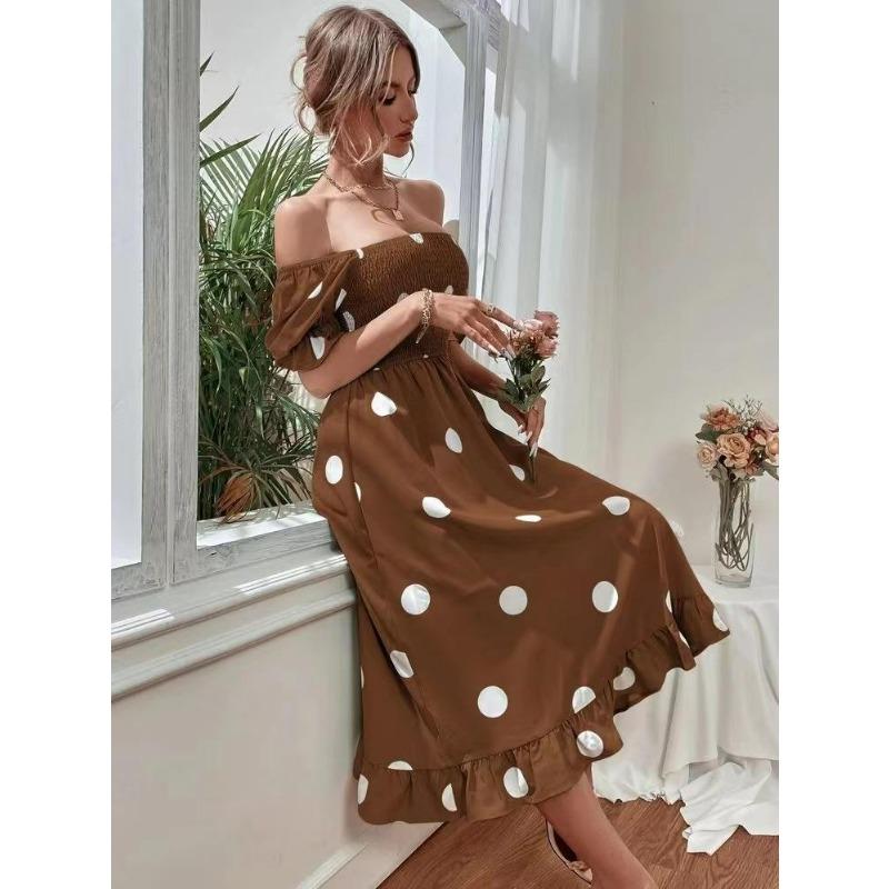 Women's Polka Dot Midi Dress Square Neck Puff Sleeve Fit and Flare Party Dress