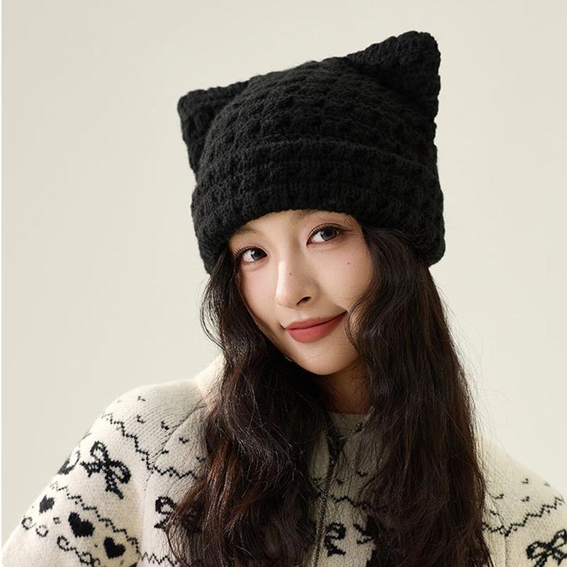 Katzenohren Wollmütze Herbst Winter Großer Kopf Warm Ohrenschutz Strickmütze