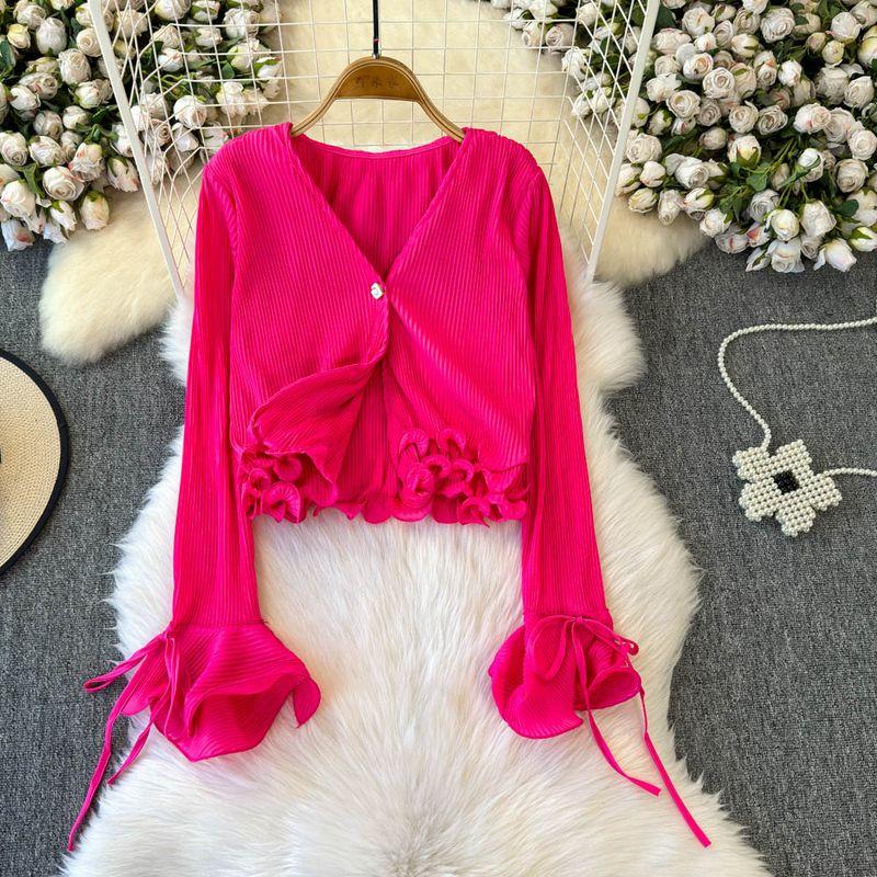 French Style Ruffles V Neck Ruched Three-Dimensional Decoration High Waist Type Shirt Tops 2025 Fall and Winter New Arrival Scheming Women's Clothing