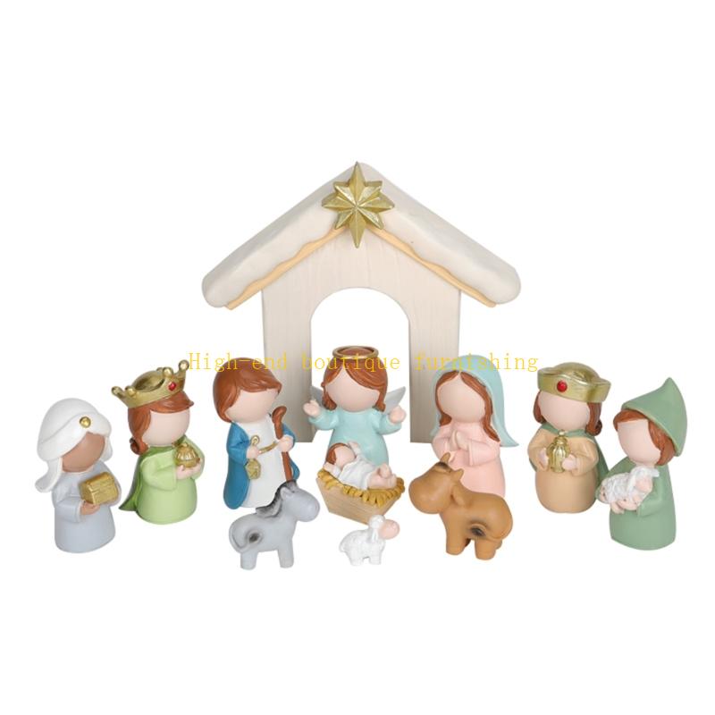 Christmas Nativity Set Holy Family Resins Figurine Statue with Stable Miniature Christmas Nativity Scene Sculptures