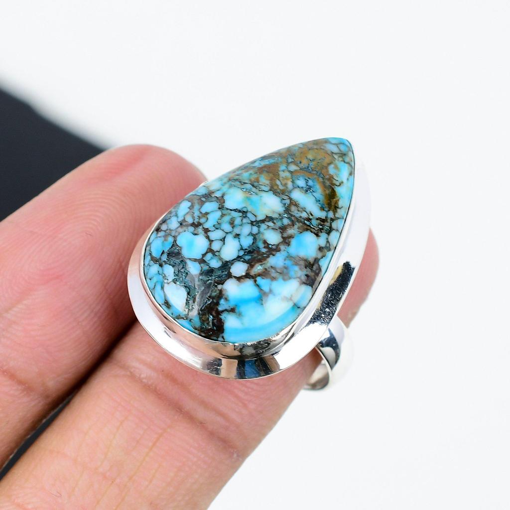 Natural Tibetan Turquoise Adjustable 925 Sterling Silver Ring - Fits US Sizes 6 To 11 - Handmade Boho Jewelry for Women & Men, Party Wear Gifts