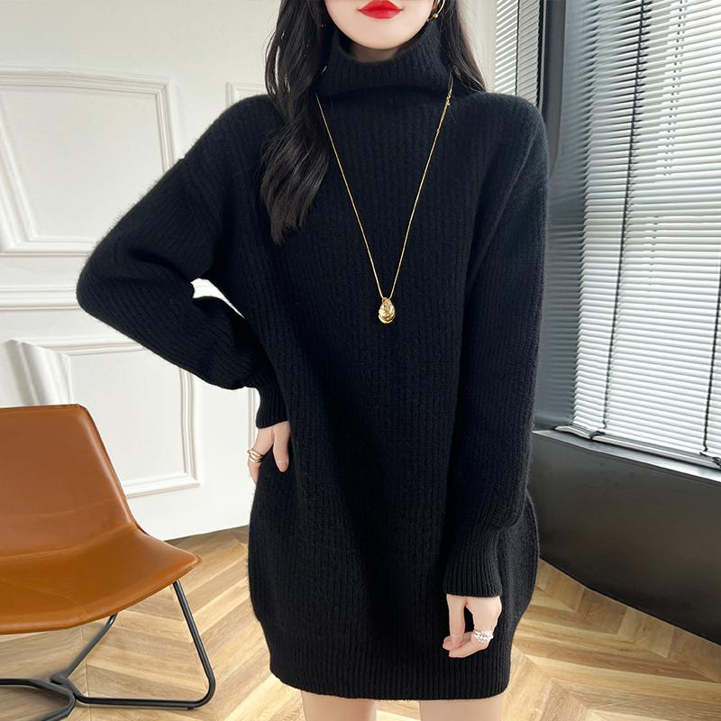 Rollkragenpullover Damen Wollpullover Mittlerer Stil Lockerer Großer Strickpullover Herbst und Winter Dicke Warme Außenbekleidung