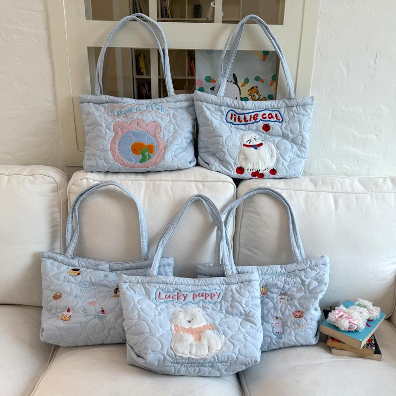 Cute Cotton Embroidery Women's Shoulder Bags Casual Quilted Ladies Large Capacity Tote Shopper Bag Lovely Dog Purse Handbags
