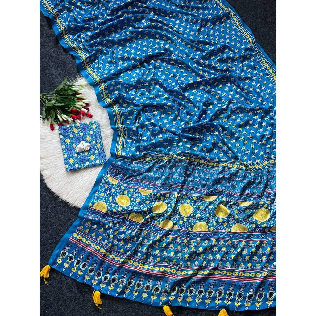 New Top Hot Trending Ajrakh Print Saree