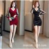 Autumn Women's Clothing Bar Sexy Collar Low-cut Backless Dress Waist and Thin Long-sleeved Hip Skirt