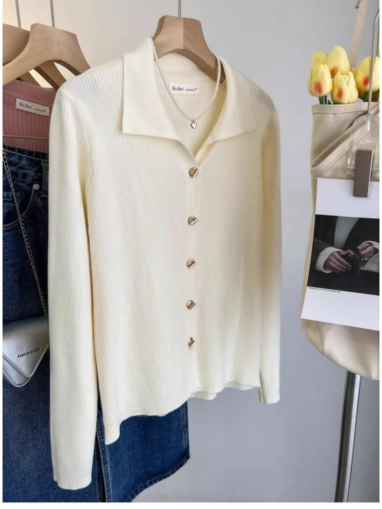 French Elegant Lapel Knitted Sweater Cardigan Women Spring Autumn Vintage Solid Polo Shirt Korea Chic Underneath A Base Layer Clothes