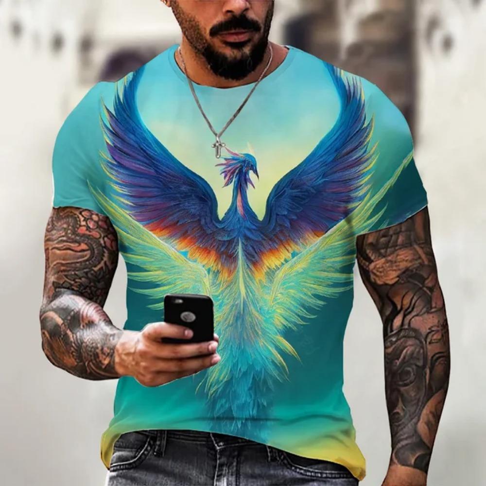 Anime Cartoon Phoenix 3d Printing Gorgeous and Cool Men's Summer Avant-garde Personality Round Neck Short-sleeved Casual T-shirt