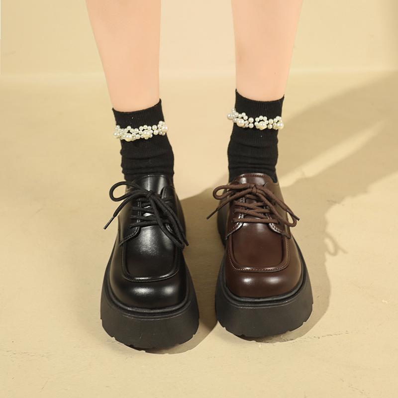 Autumn Solid Faux Leather Women Shoes Japanese Lace Up Mary Jane Shoes Simple Round Toe Students Thick Platform Pumps Leisure