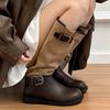 Thick-soled British style belt buckle medium tube stacking boots knight boots women's retro round head boots