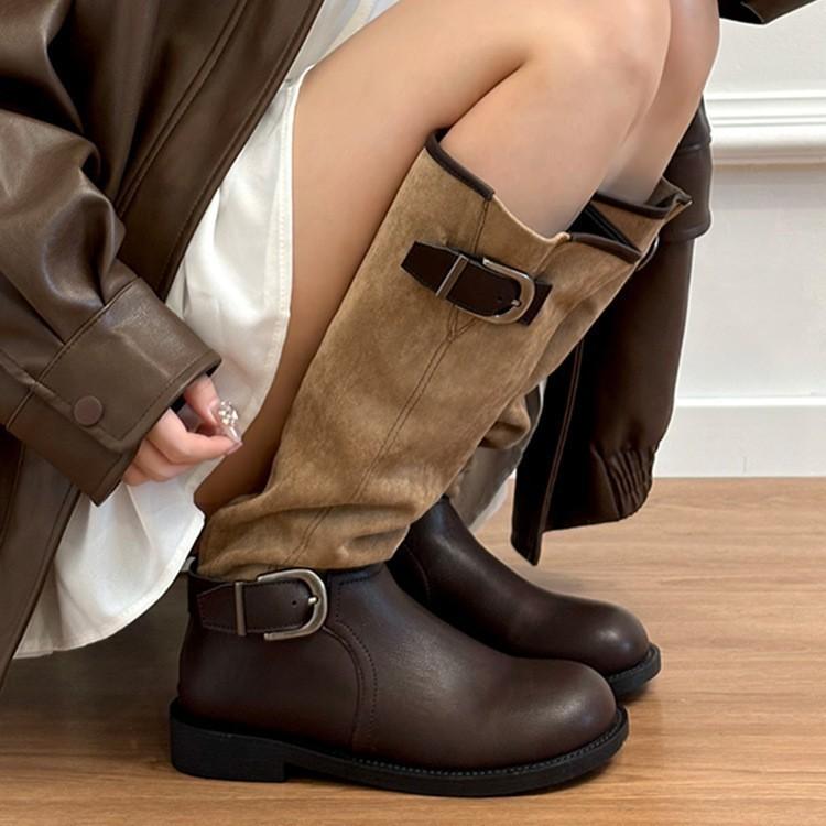 Thick-soled British style belt buckle medium tube stacking boots knight boots women's retro round head boots