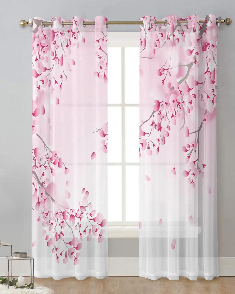 Japanese Style Sakura Cherry Blossom Pink Flower Tulle Curtains Living Room Kitchen Window Decoration Voile Sheer Curtain