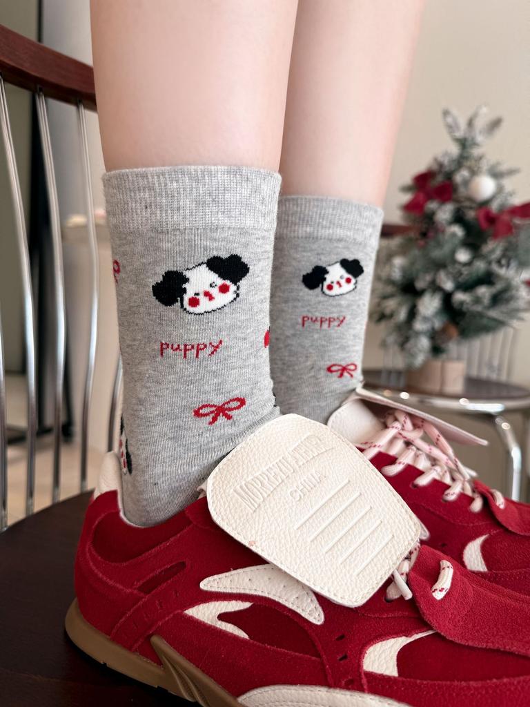 Cute Cartoon Puppy Funny Socks Medium Tube Socks Tide Cotton Striped Polka Dots Stacking Socks Stockings