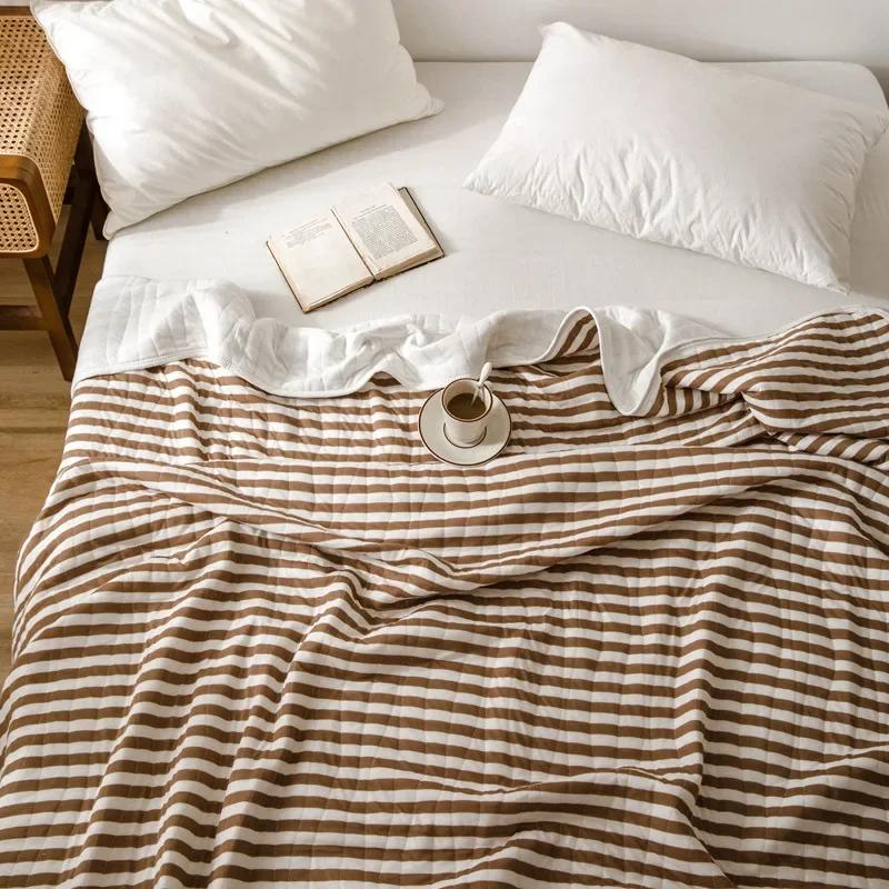Stripes 100% Cotton Summer Blanket for Bed Soft Skin Friendly Queen Quilt for Summer Air Conditioner Thin Comforter Breathable