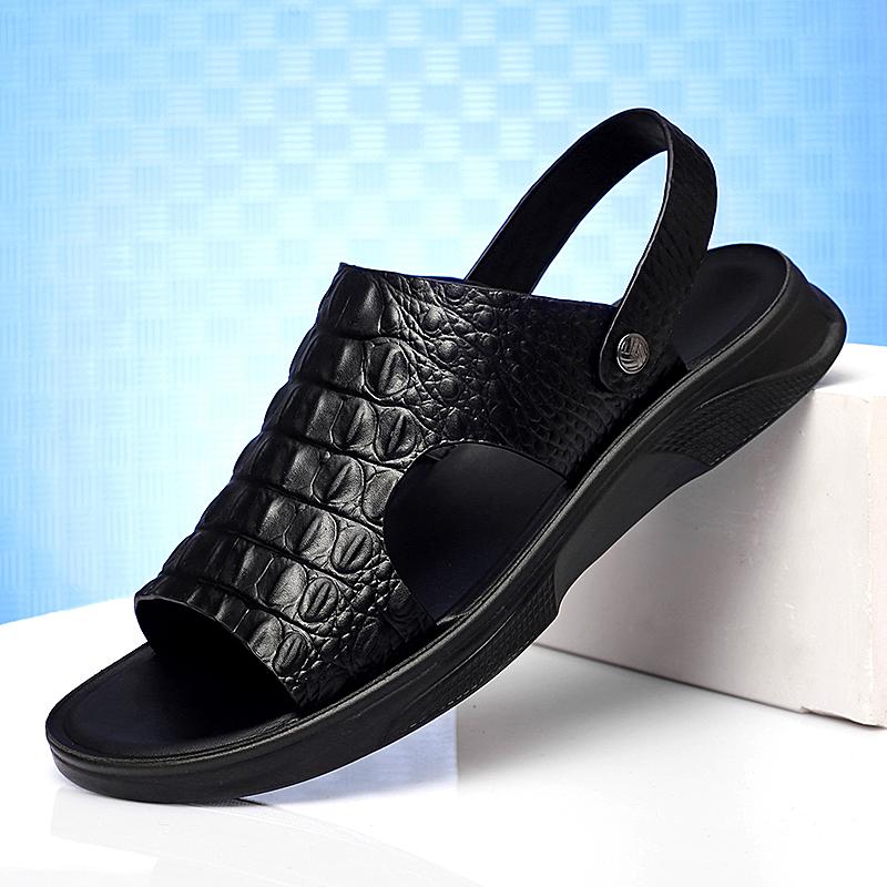 Fashion Men's Beach Shoes Crocodile Pattern Sandals High Quality  Leather Non-slip Men Slippers Breathable Two Uses Men's Sandals Shoes