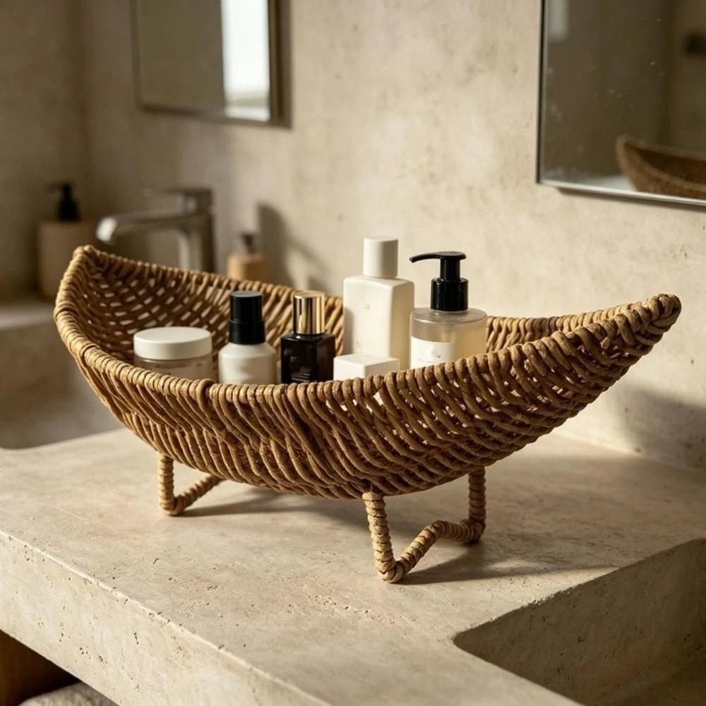 Large Capacity Plastic Hand-Woven Basket Hollow Drain Camping Tray Desktop Organizer  Picnic Use