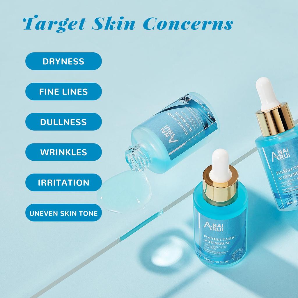 ANAiRUi Polyglutamic Acid Moisturizing Serum, Hyaluronic Acid & Glycerin Hydrating Firming Facial Serum for Fine Lines Wrinkle Care 30ml