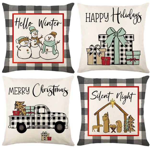 New Home Christmas Pillow Linen Black and White Checkered Cartoon Print Pillow Case Holiday Dress Up Cushion