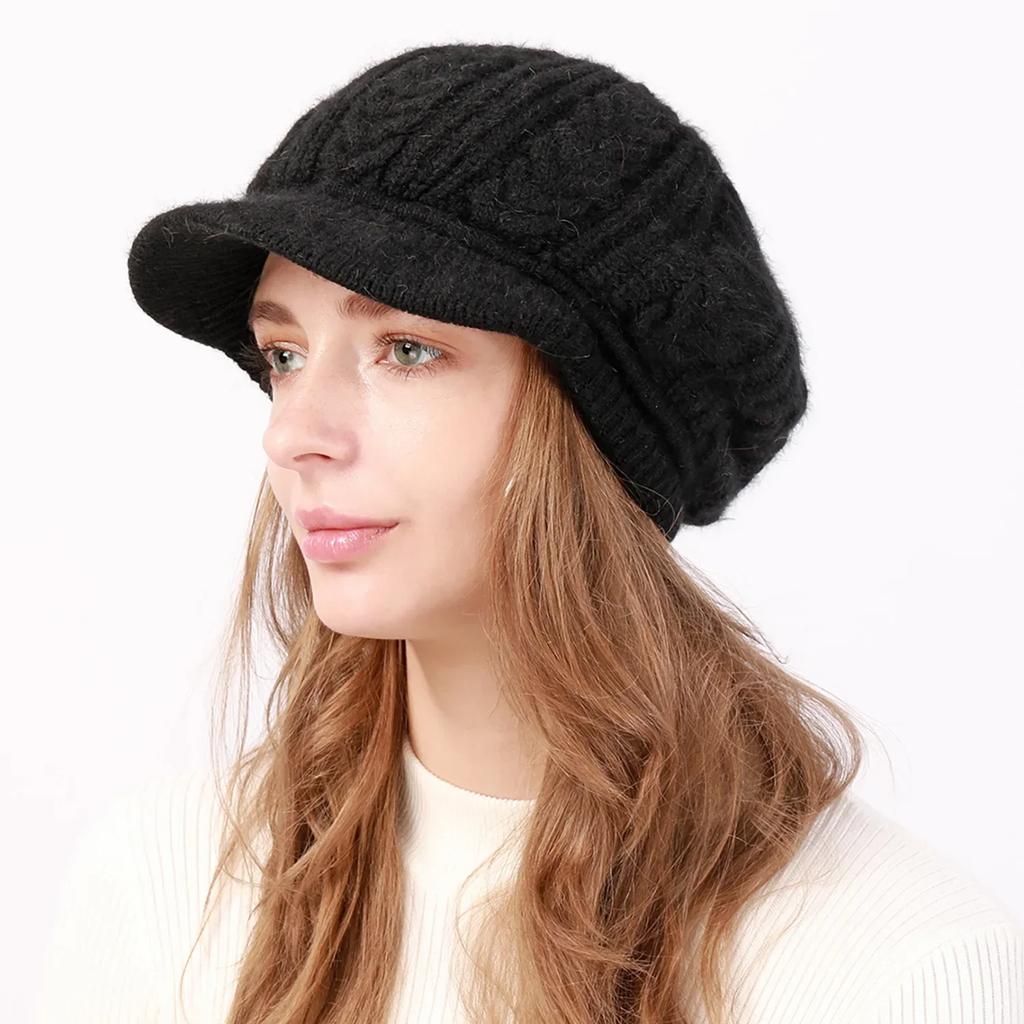 High Quality Wool Women Winter Warm Slouchy Cable Knit Beanie Skull Beret Hat With Visor Outdoor Thicken Lady Bonnet Gorros