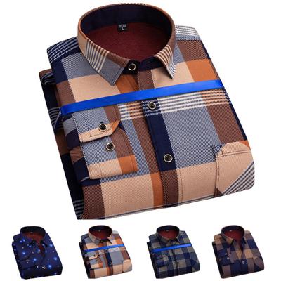 Erkekler Bahar Sonbahar Gömlek Resmi İş Tarzı Kalın Peluş Renk Eşleşen Ekose Baskı Vintage Yumuşak Tek göğüslü Düğmeler Hırka Artı Boyutu Orta yaşlı