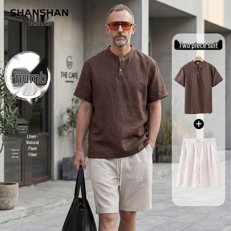 SHANSHAN Men s Breathable Linen T-Shirt & Shorts Set 3XL