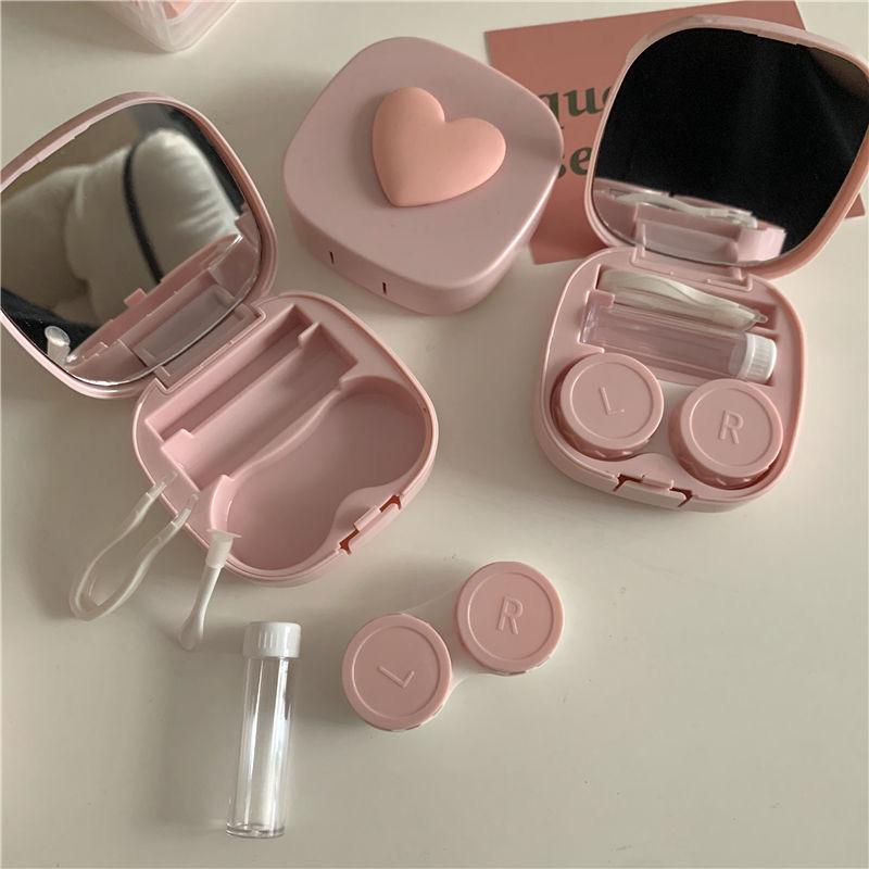 Pink Love Three-Dimensional with Mirror Colored Contact Lenses Case High Sense Girl Cute Macaron Color Ins Invisible Couple Box