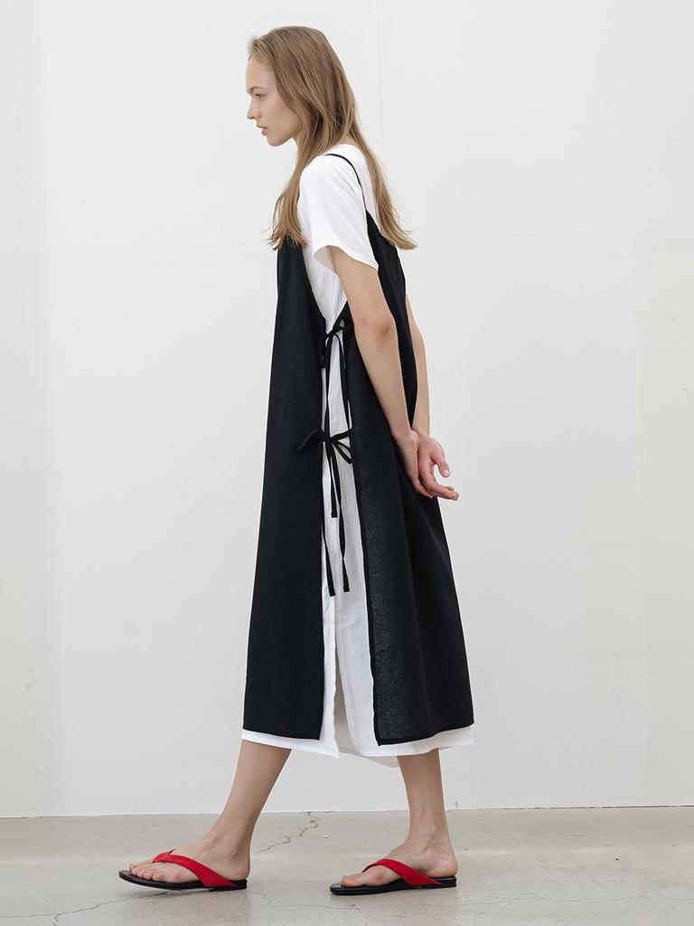MORELIKEIT Layered Ribbon Half-Sleeve Long Dress (Set) Black