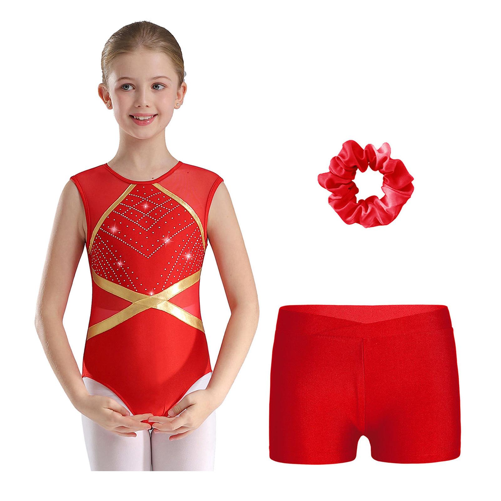 Gymnastik-Outfit für Kinder, Mädchen, Patchwork, ärmellos, mit Schlüsselloch hinten, glitzernden Strasssteinen, Turnanzug mit V-Frontbund, Shorts, Haargummi, Kopfbedeckung 7-8 Years rot