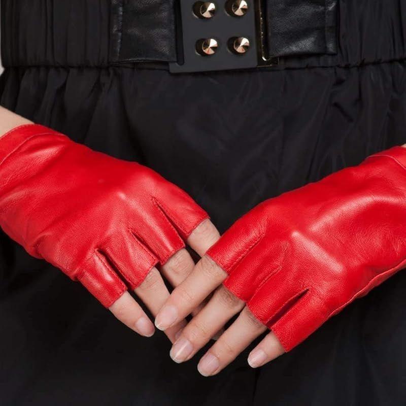 Used [NEW] [Nappaglo] Women's Short Fingerless Leather Gloves, Winter Inner Warm Insulation, Cold Protection, Sports, Driving Gloves (M, Red (Silk