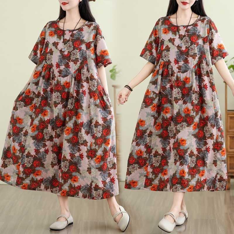 

Retro Cotton and Linen Round Neck Short Sleeved Dress, Women s Loose Skirt L