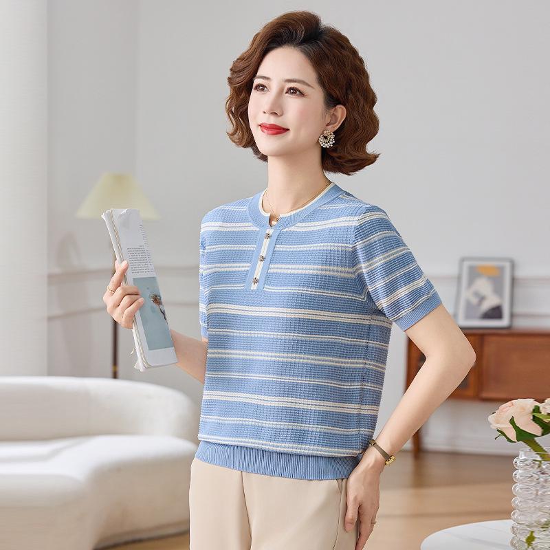 

2026 Stylish Ice Silk Round Neck Top for Middle-aged Women - Short-sleeved Striped Summer T-shirt Size 115 (110-130 lbs) синий