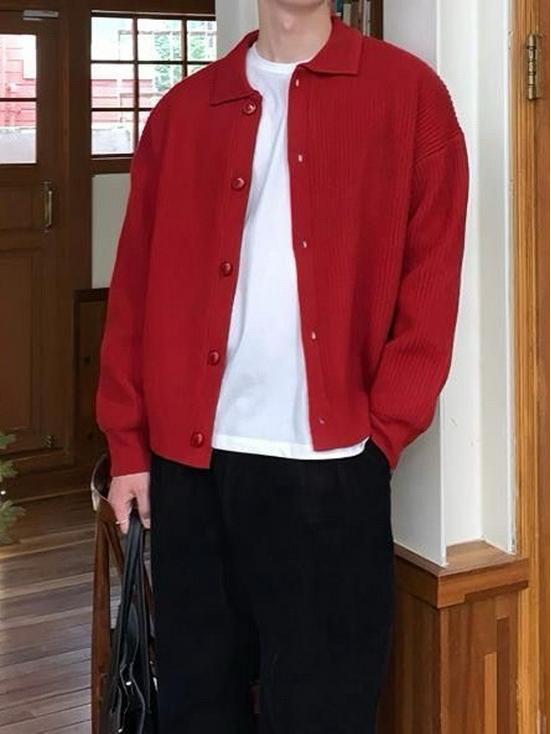 

Men s Trendy Autumn/Winter Lapel Button-Up Loose Knit Cardigan Jacket M червоний