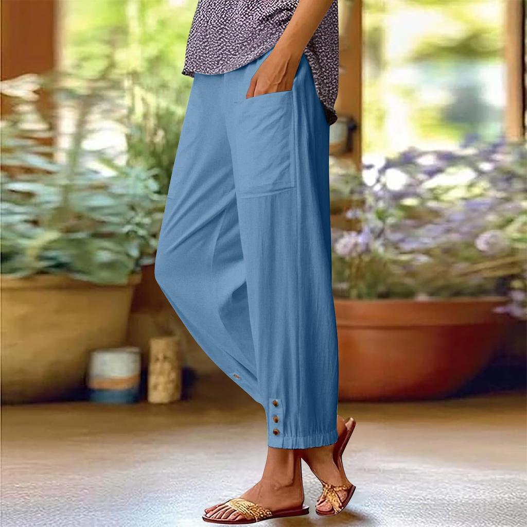 Women's Fashion Color Loose High Waist Button Pocket Cotton And Hemp Pants Nine Point Casual Pants