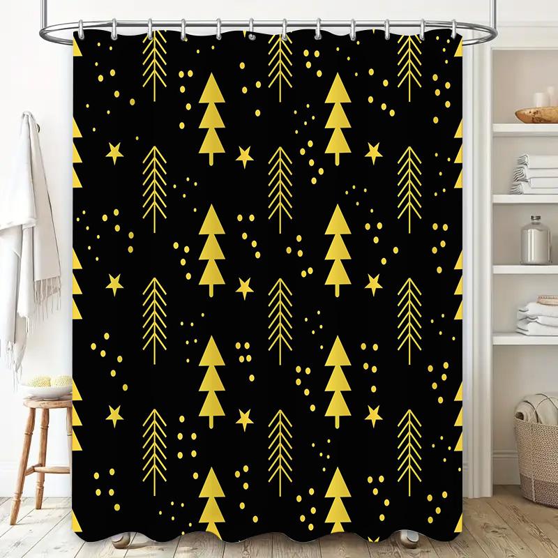 Black Yellow Christmas Trees Shower Curtain with Festive Stars Perfect for Holiday Decorations!