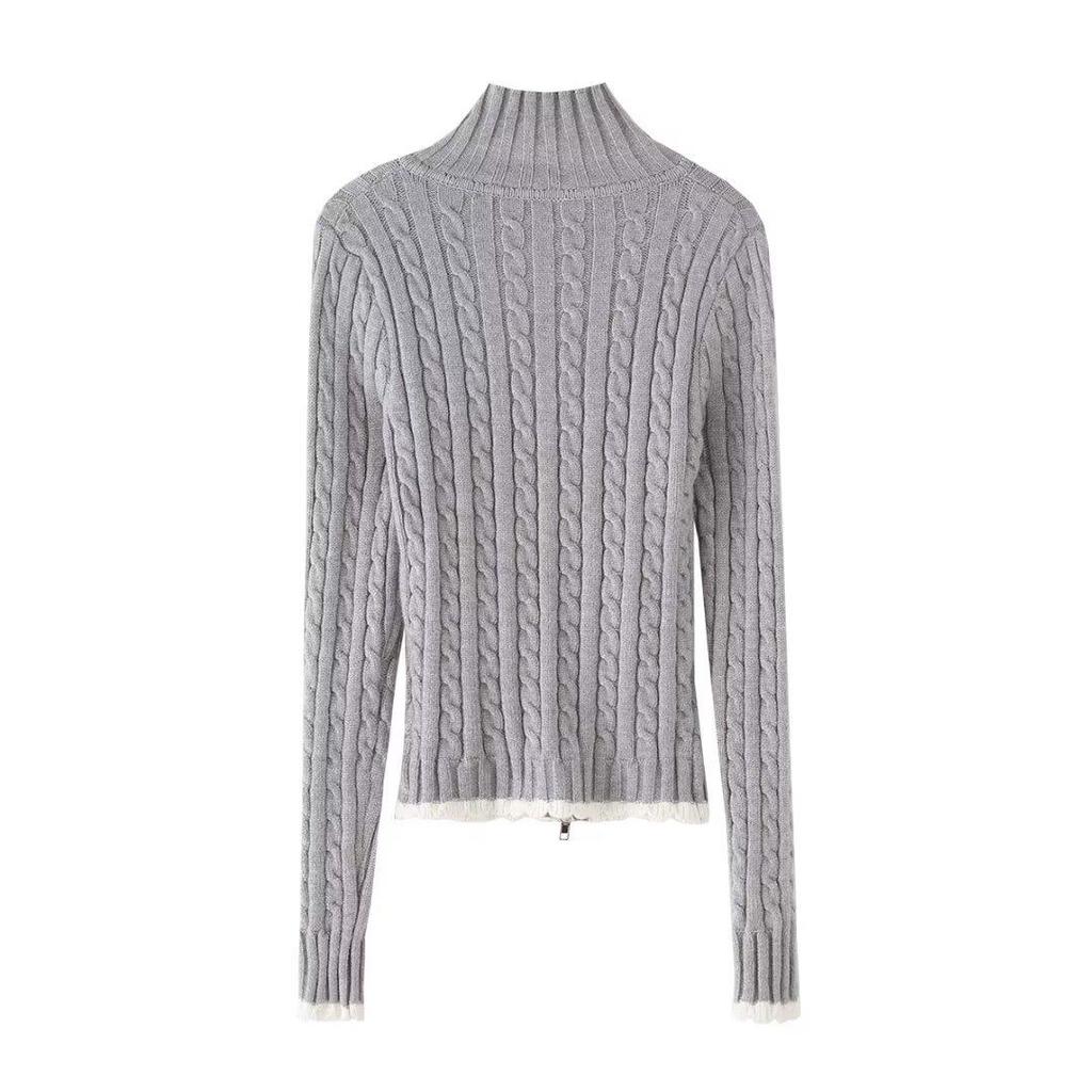 2024 Autumn/Winter European Light Fluffy Knit Stand Collar Zip-Up Cardigan Sweater